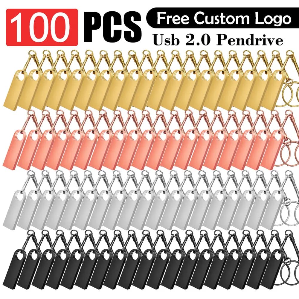 100 PEZZI/LOTTO Chiavetta USB 2.0 in Metallo 64GB 32GB Impermeabile, Memoria USB 16GB 8GB 4GB con Logo Personalizzato Gratuito e Catena