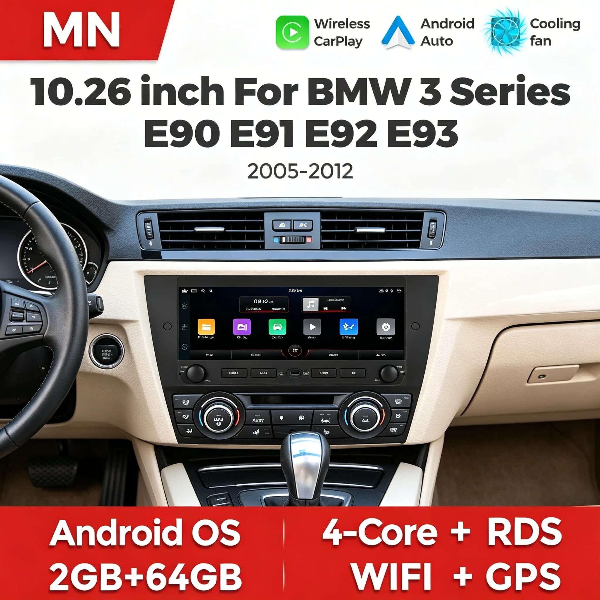 10.26" 2+64G Car Radio For BMW 3 Series E90 E91 E92 E93 2006-2012 GPS Navigation Wireless Carplay Android Auto Multimedia Player