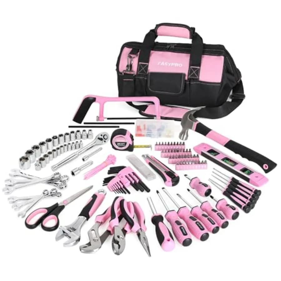Set di Attrezzi Rosa da 267 Pezzi, Kit di Riparazione Domestica con Borsa a Bocca Larga da 13 Pollici, Kit di Utensili Manuali per Meccanici e Manutenzione Domestica Fai-da-Te