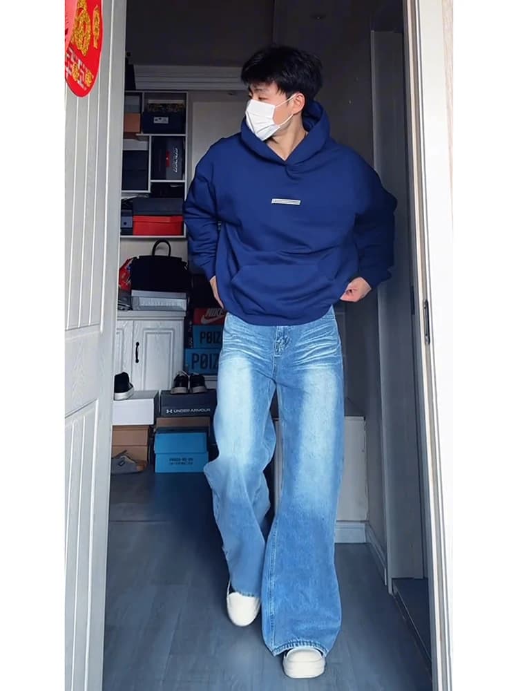 Light Blue adient Bell Bot Jeans Men's American High Street Wide Leg Vibe Pants Extended Waed Straight Tube Pants