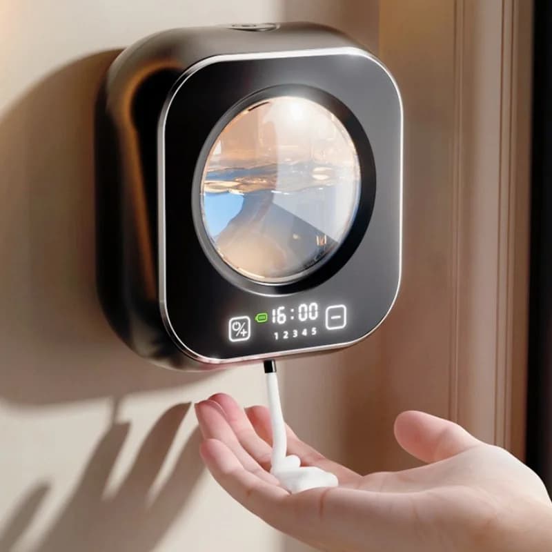 Dispenser di Sapone Automatico Intelligente - Montaggio a Parete USB Senza Contatto Ricaricabile con Display LED Grande Capacità Schiuma Regolabile