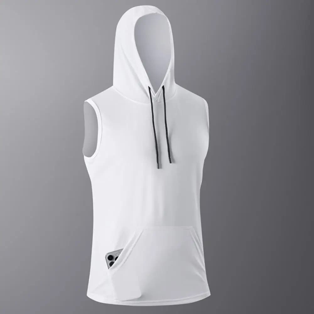 Gilet da uomo con tasca frontale con cappuccio design senza maniche con cappuccio gilet casual traspirante top da palestra per la casa canotta da uomo casual con cappuccio da strada