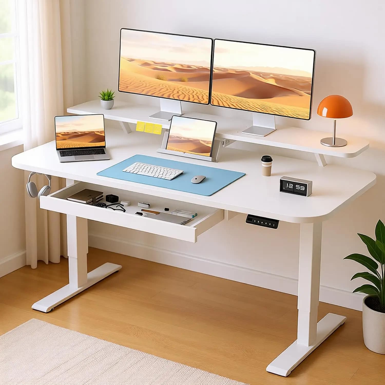 Scrivania Elettrica Regolabile in Altezza con Cassetti, Supporto per Monitor e Laptop 48x24, Controller di Memoria, per Casa e Ufficio, Personalizzabile