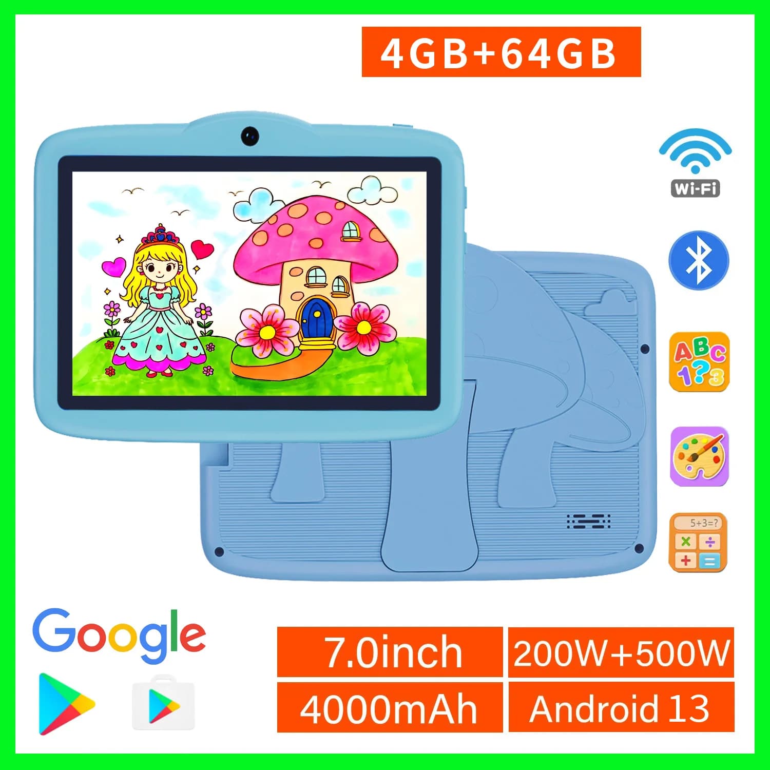 Nuovo Tablet per Bambini da 7 Pollici Android 13, 4GB RAM 64GB ROM 4000mAh 4-Core WiFi Bluetooth, Regalo per Bambini con Software KIDOZ