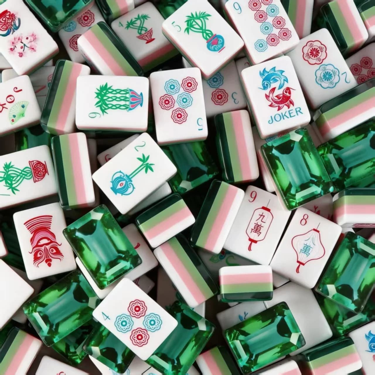 Premium Gradient Emerald Back Acrylic Mahjong Tiles 160pcs American Mahjong Set with Artistic Pattern Mini Mah Jongg