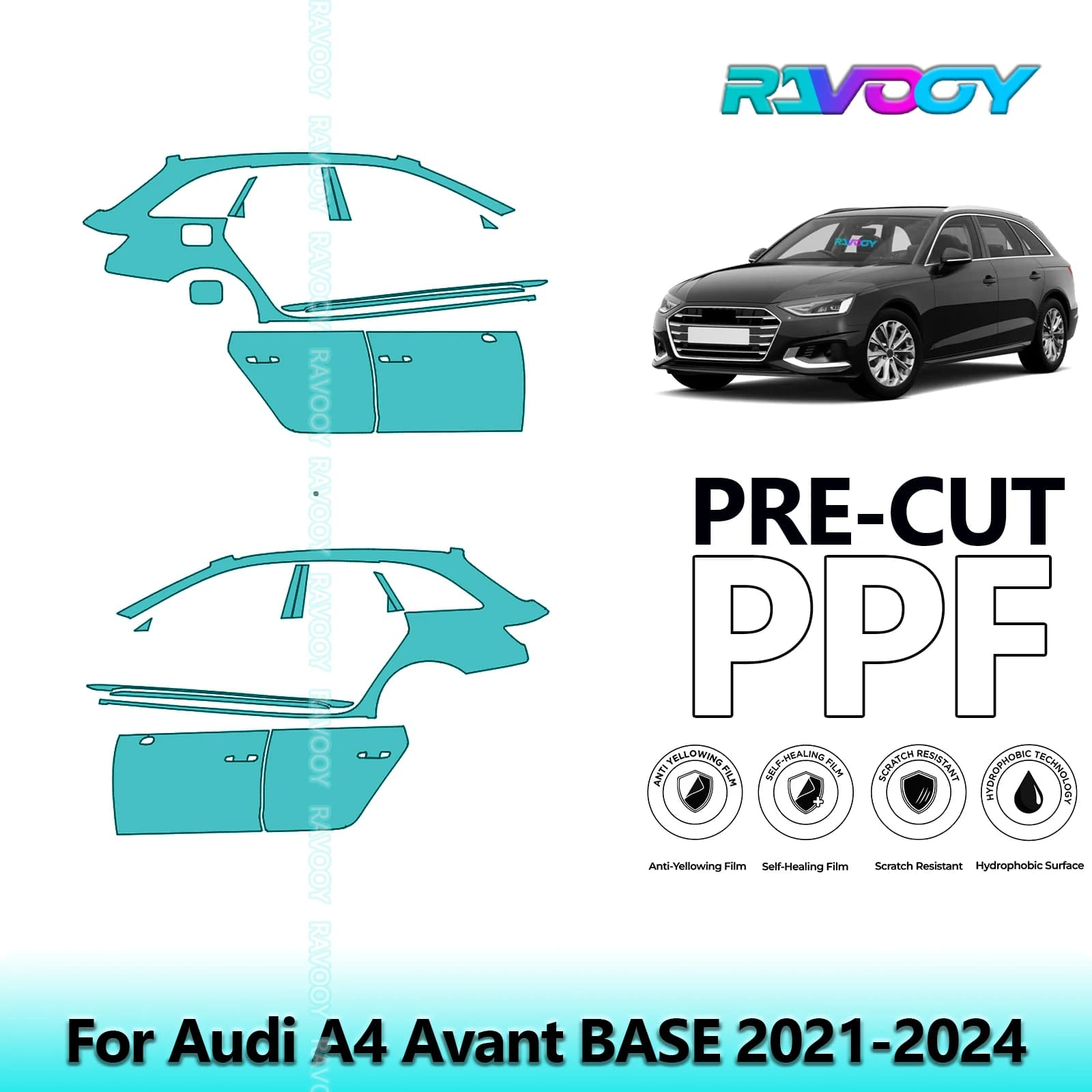 For Audi A4 Avant BASE 2021-2024 8.5mil Transparent Pre-Cut PPF Door and Pillar A/B Kit Protection Film TPU Set