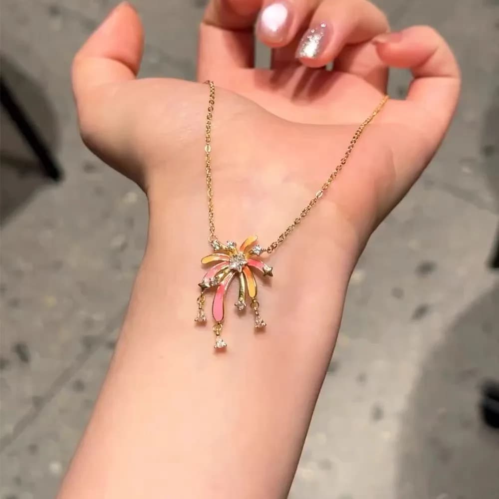 Collana Romantica con Fiori Irregolari Scintillanti e Colorati, Lusso Leggero, Diamanti Intarsiati, Ciondolo a Nappa Smaltata, Gioiello a Catena per Clavicola