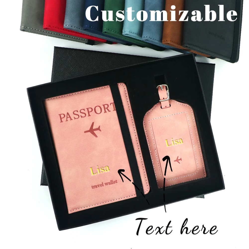Set regalo personalizzato con custodia per passaporto in similpelle, etichetta per bagagli, set da viaggio, custodia per documenti, porta carte, etichetta antifurto
