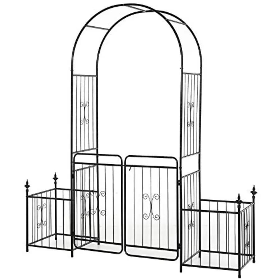 86 Garden Arbor Arch Gate for climbing plants, black metal with trellis sides, locking doors, planter baskets, flourishes arrow