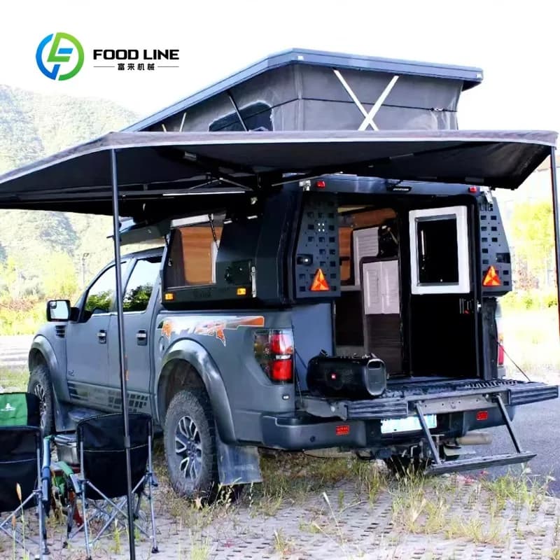 Compact Pop Up Pickup Truck Camper Tent Hard Shell Design, Fully Equipped Camping Pod with Bed Platform Solar Ready Roof