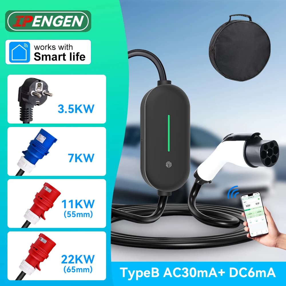 IPENGEN GB/T Caricatore EV portatile 16A / 32A Caricatore per veicoli elettrici Cavo di ricarica EVSE Controllo APP wireless 3.5KW/7KW/11KW/22KW