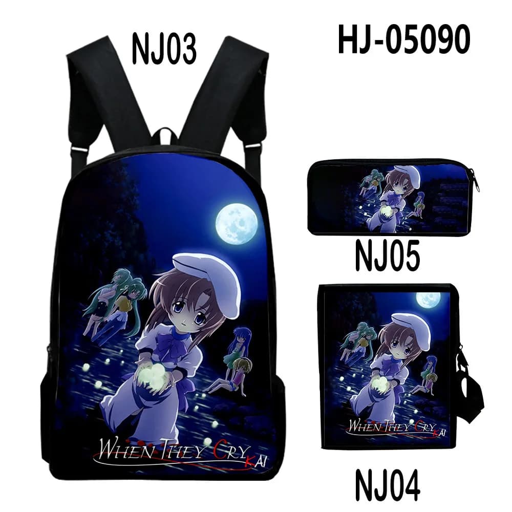 Harajuku Youthful When They Cry Higurashi 3D Print 3pcs/Set Student Travel bags Laptop Daypack Backpack Shoulder Bag Pencil Case