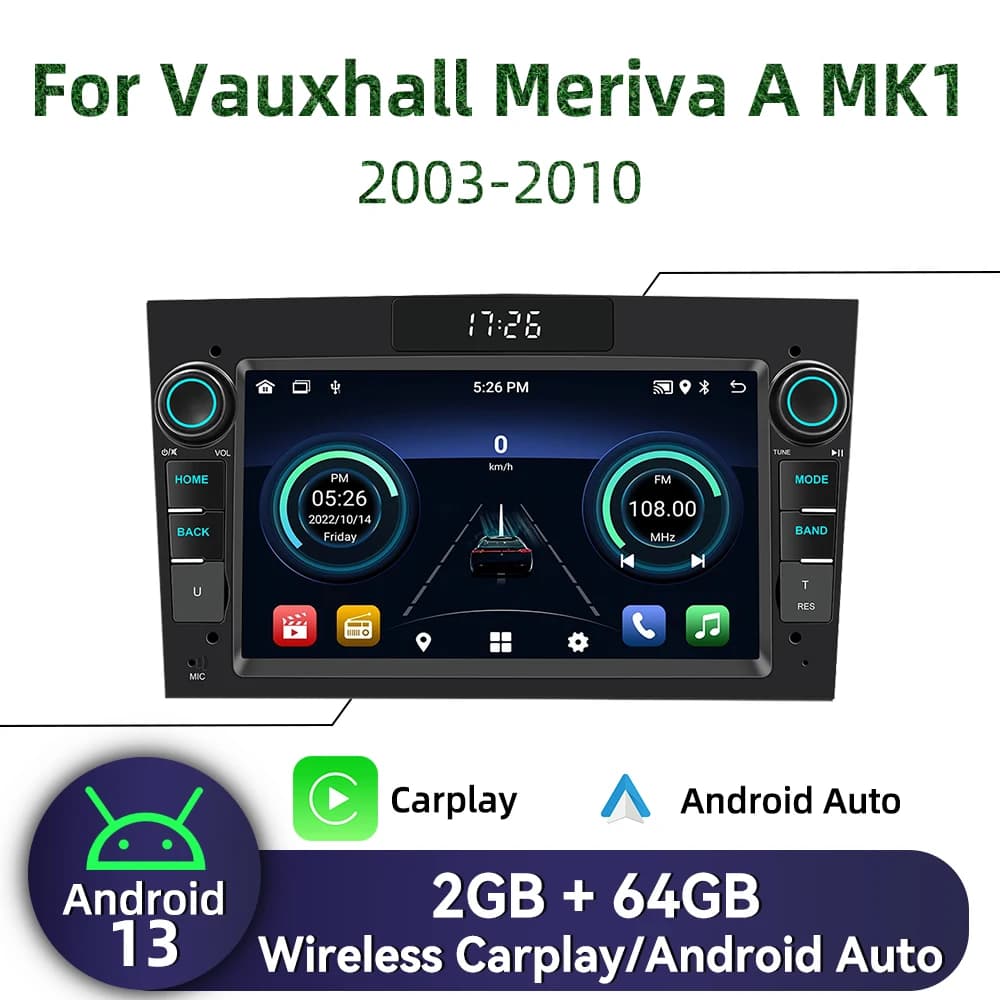 Auto Multimedia 7 "Schermo Stereo per Vauxhall Meriva A MK1 2003-2010 Wireless Carplay Autoradio 2 Din Android Radio GPS BT