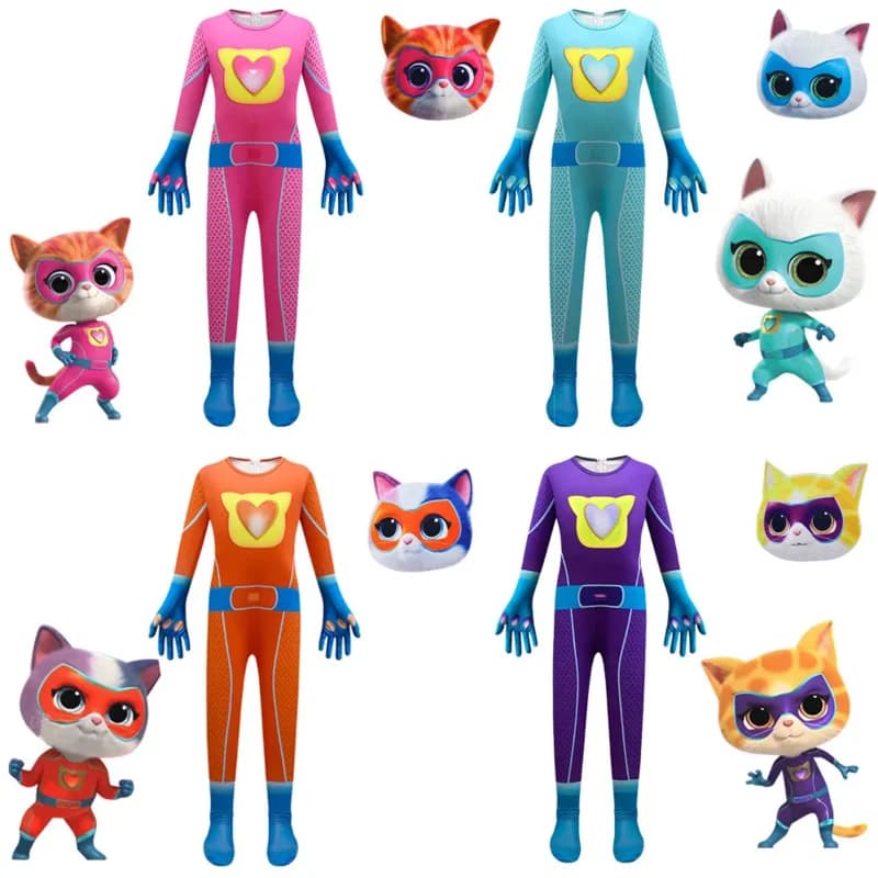 Costume da SuperKitties per bambini Costume cosplay Tuta da spettacolo di carnevale Abbigliamento da festa Travestimento di Halloween Ragazzi Ragazze Vesti la tuta