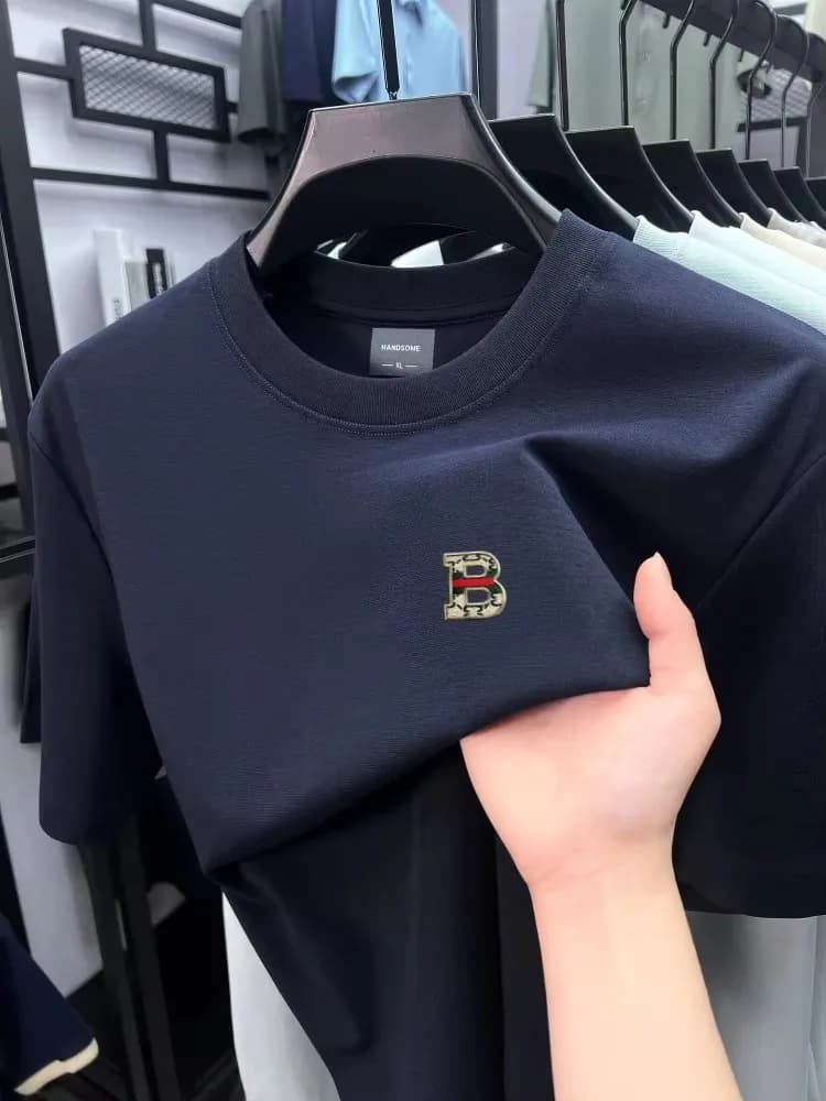 T-shirt a maniche corte con ricamo a lettere, girocollo, stile coreano di lusso, traspirante, in cotone, casual, da uomo