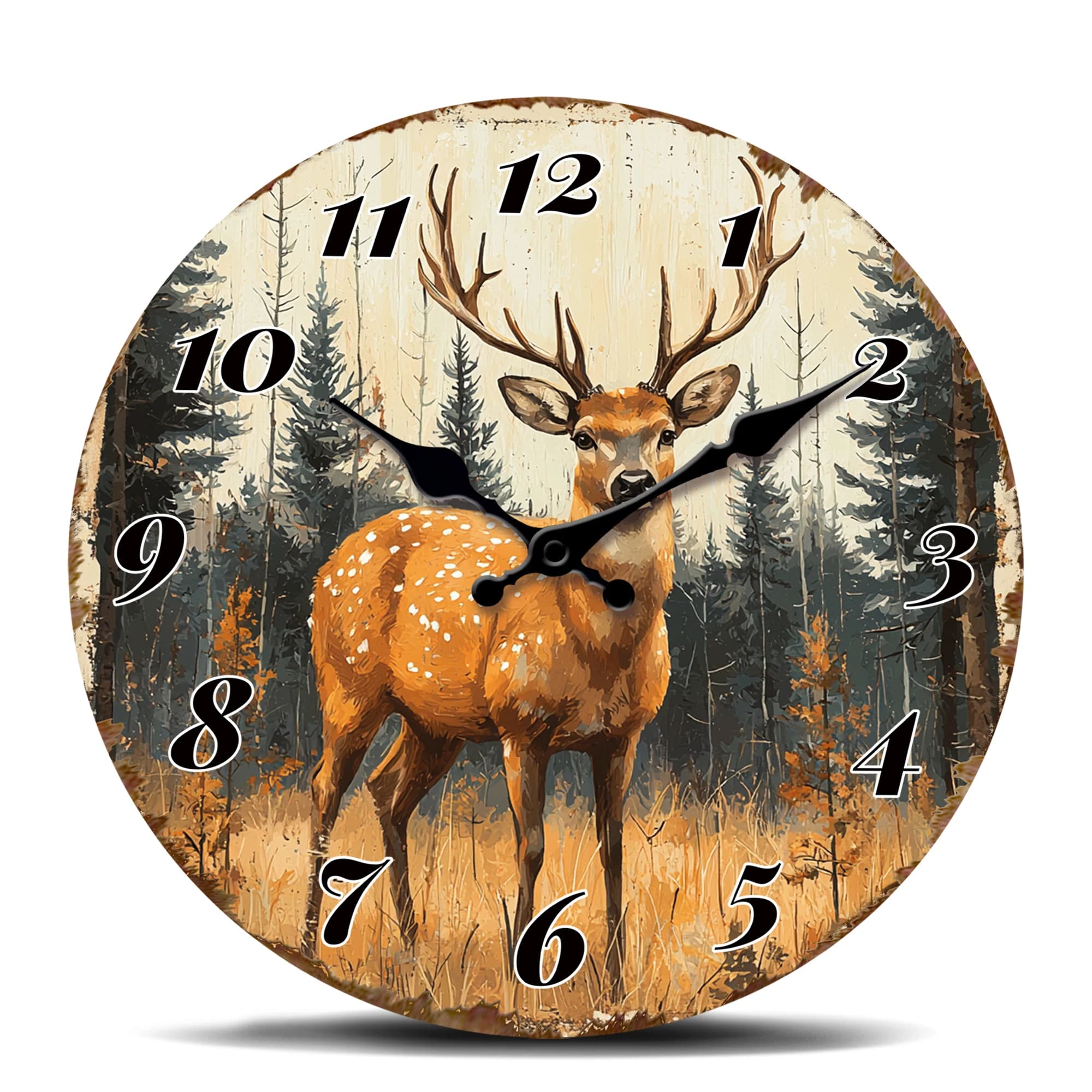 Round Wall Clock with Majestic Deer in the Autumn Forest, Wild Nature Rustic Art for Home Decoration