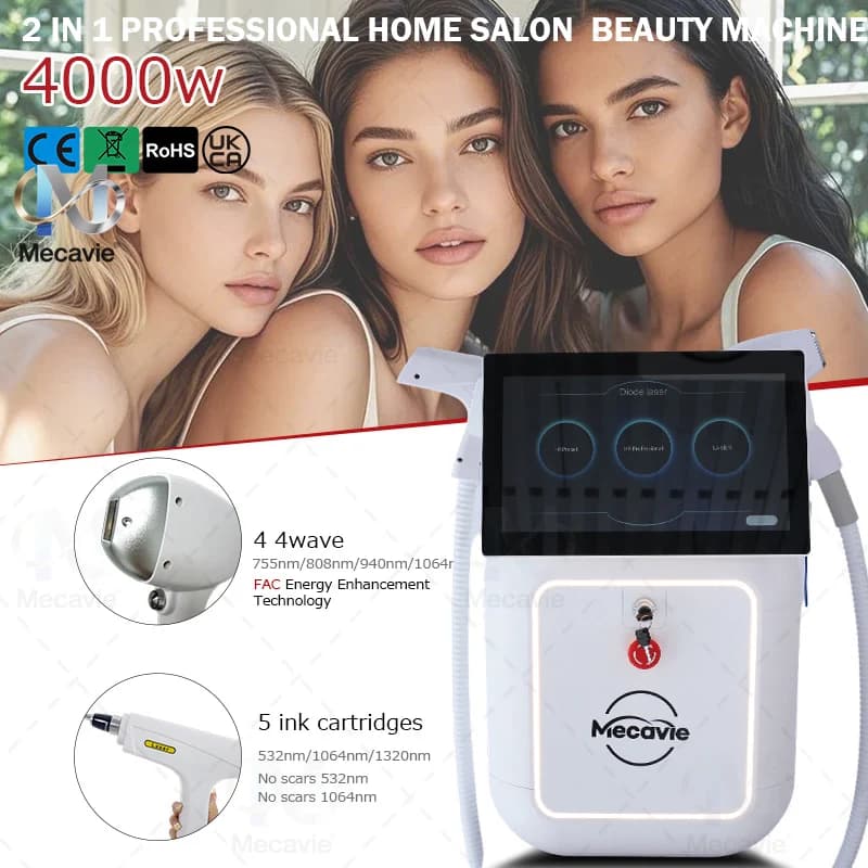 Dispositivo Laser a Diodi Picosecondo Soprano 5000W 2in1 con 4 Lunghezze d'Onda 755 808 940 1064nm per Riduzione Permanente dei Peli e Rimozione Tatuaggi, Certificato CE