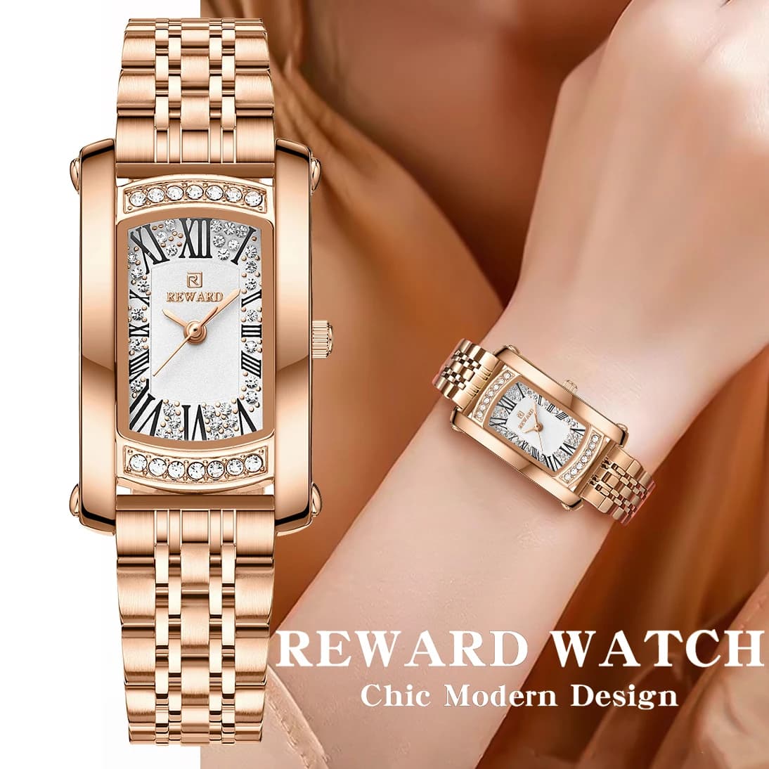 REWARD Quartz watch in Rose Gold for Girls, Waterproof, Bright, With Diamonds, Fashion Women's Watch