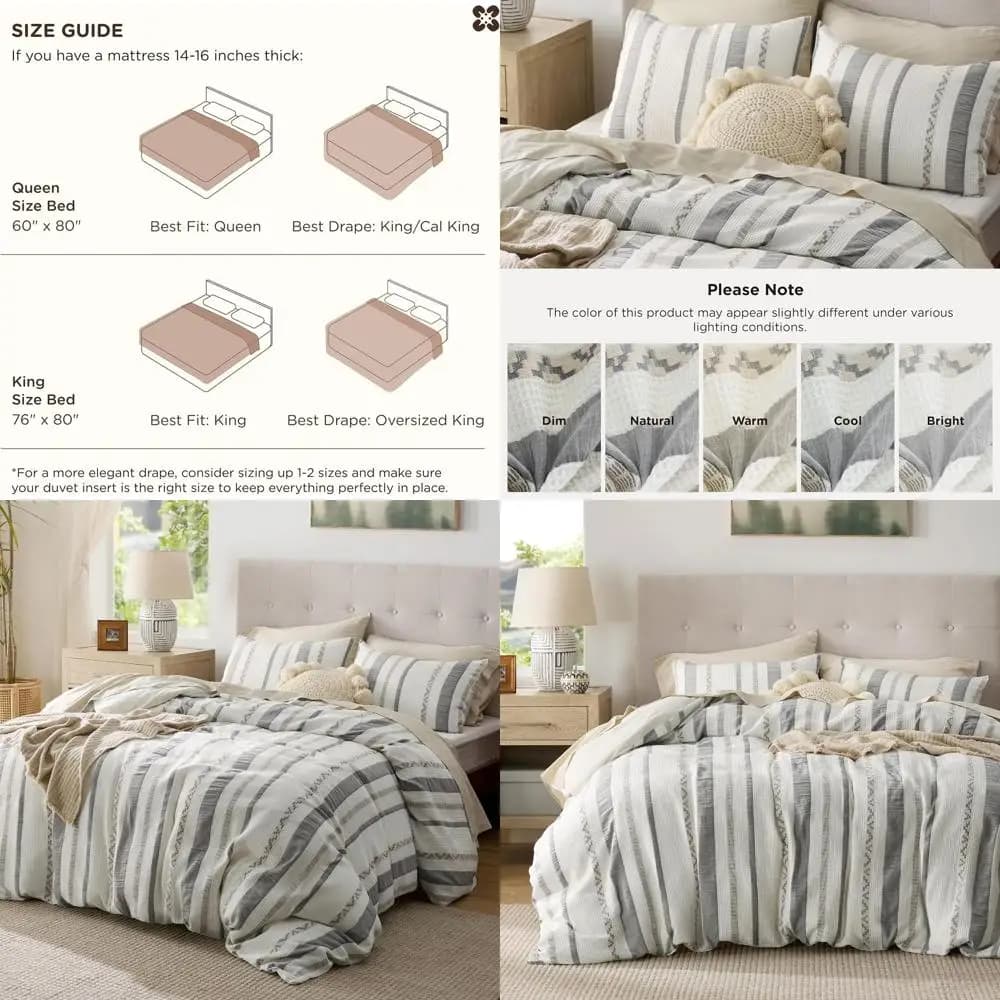 Set Copripiumino Queen Size in Cotone Boho con 2 Federe - Copripiumino Testurizzato Bianco Crema, Chiusura con Cerniera, 90x90