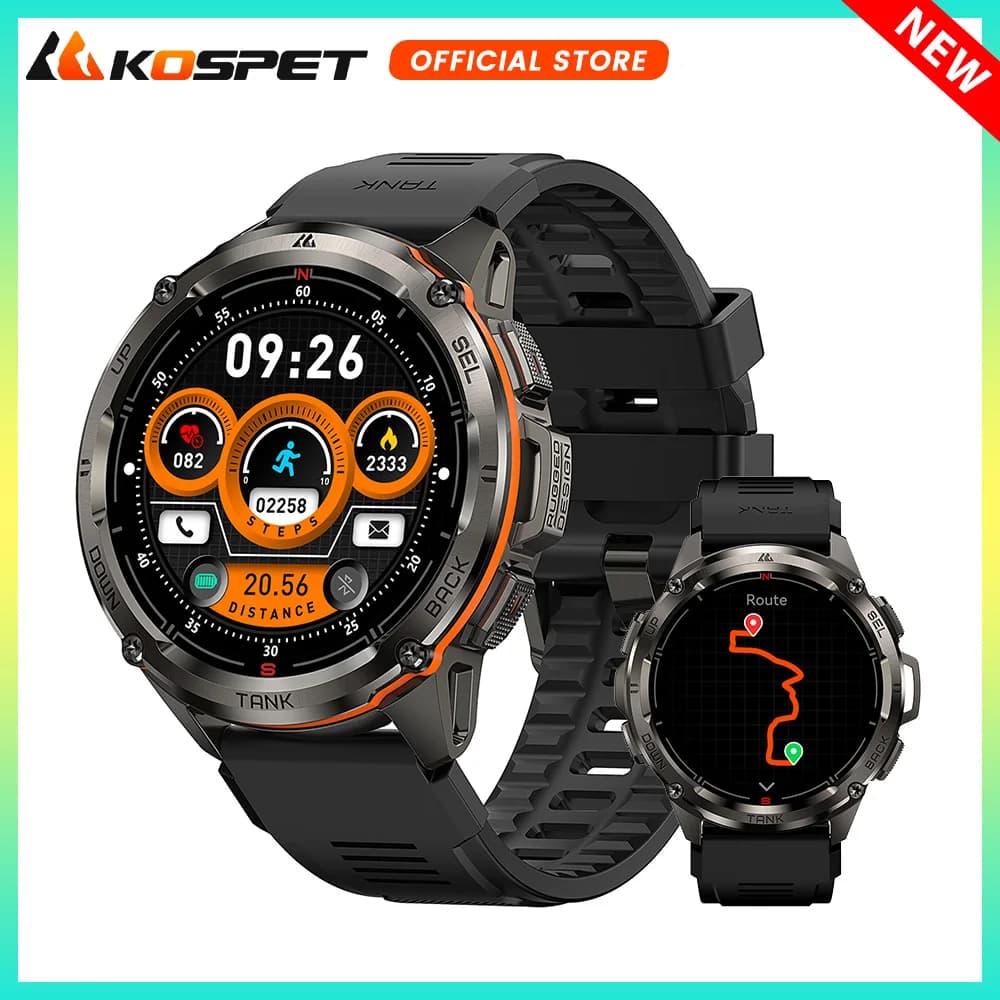 KOSPET TANK T3 Smartwatch GPS Ultra Resistente per Uomo con Bussola, Altimetro, Impermeabile, Batteria 470mAh, Display AMOLED, Chiamate Bluetooth, Fitness Tracker