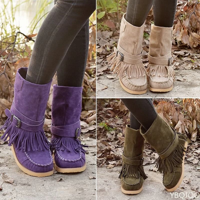 Large Size Autumn Winter Fashion New Item Flat Bottom Sole with tassel Fashionable women's boots Women's boots with sleeve with belt buckle