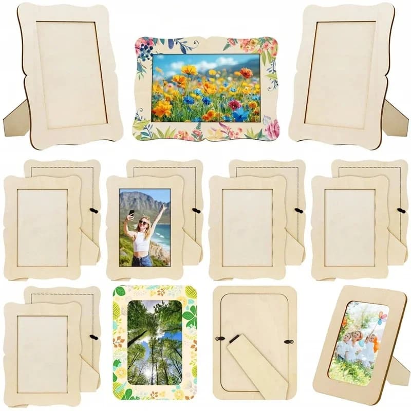 5Pcs Unfinished Wooden Frames Wavy/Rectangle Photo Holder DIY Painting Crafts Photo Display Stand Home Office Desktop Decor
