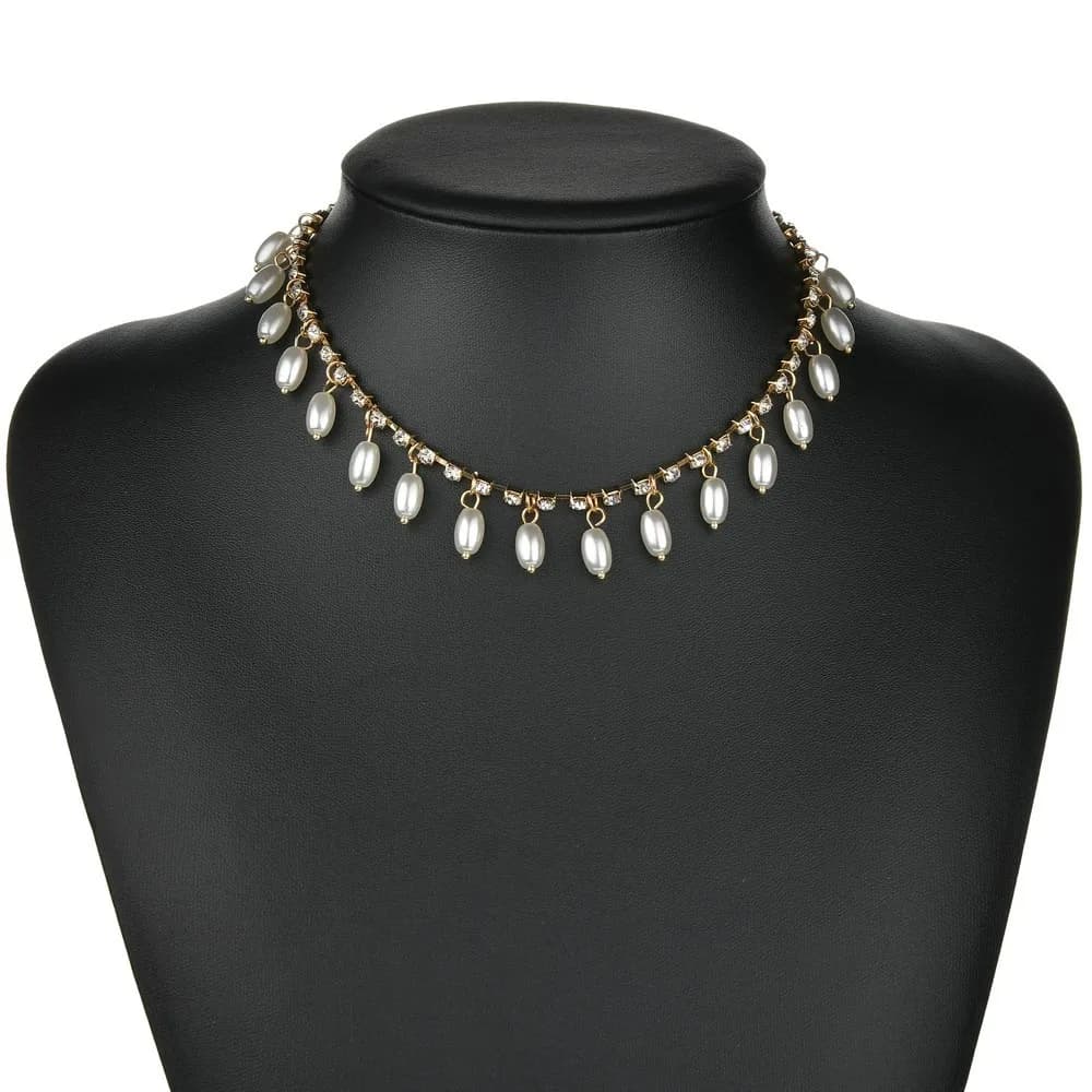New Exquisite Luxury Gold Color Full Circle Inlaid Zircon Imitation Pearl Dangle Choker Necklace for Women Wedding Party Jewelry