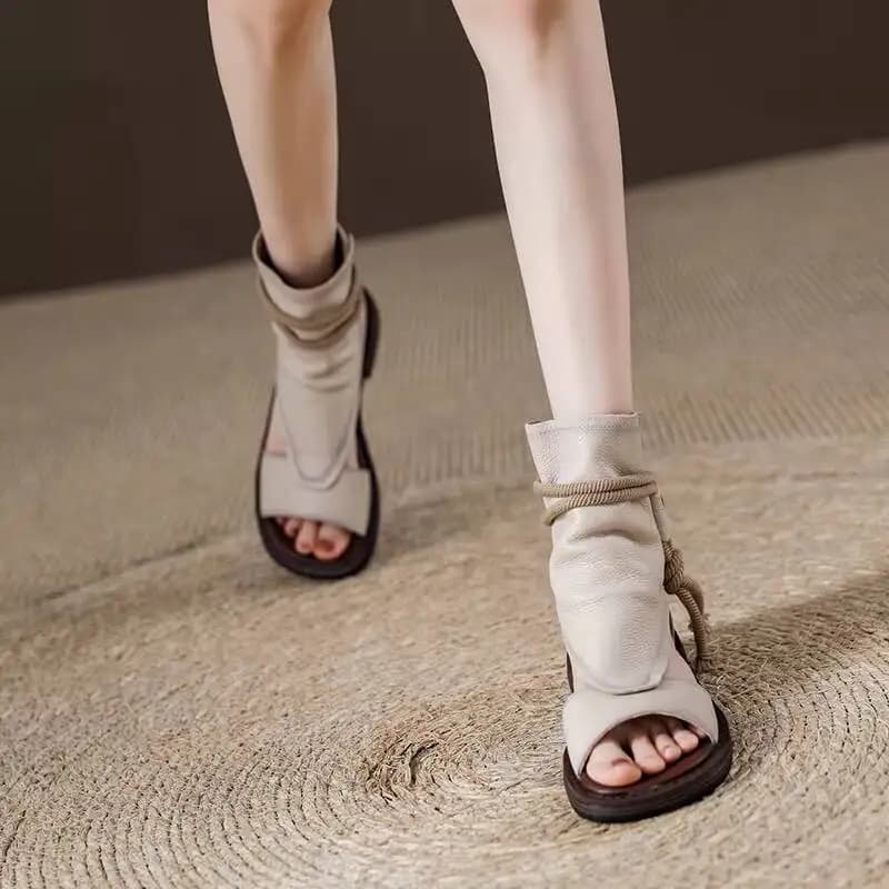 2026 Summer Vintage Genuine Leather Gladiator Sandals For Women Open Toe Ankle Wrap Up Flat Heel Hollow Breathable Roman Shoes