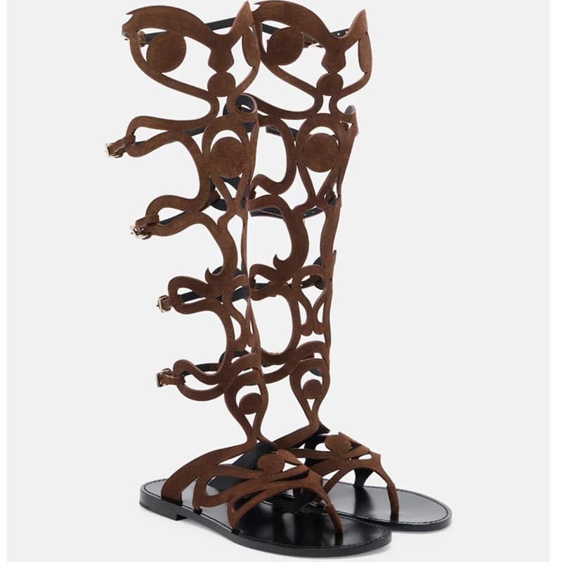 Hollow Out Knee High Flats Sandals Sexy Pointed Toe Metal Buckle Belt Customized New Arrivals Fashion Women Modern Shoes