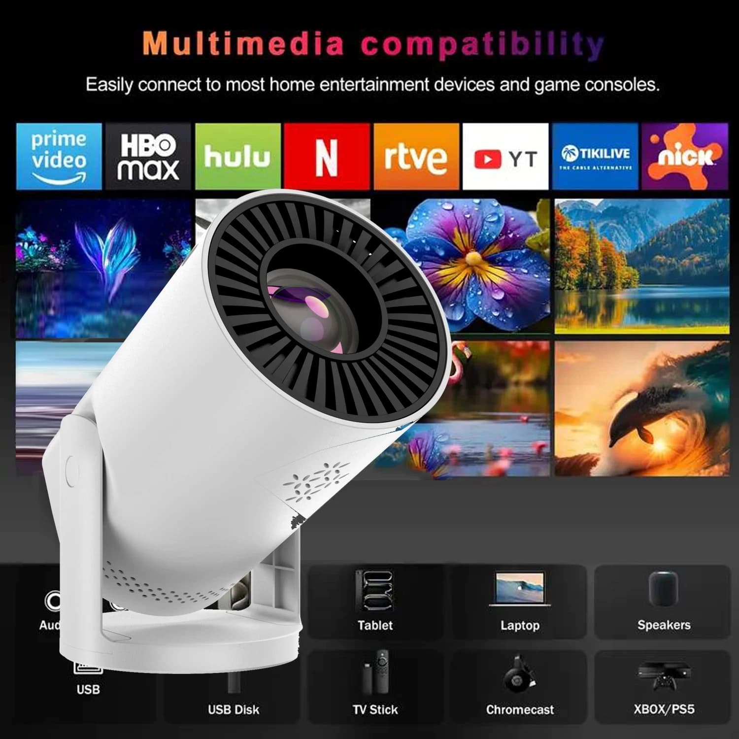 Mini Proiettore HY300 Pro 290ANSI 1080P 1280*720P 4K Wifi6 Bluetooth Android 14 per Home Cinema e Teatro all'Aperto, Proiettore LCD Portatile