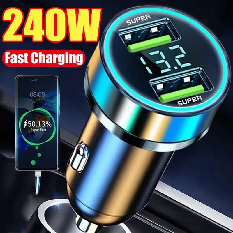 Caricabatterie super veloce per auto da 240 W Doppie porte USB per iPhone Adattatore di ricarica rapida per telefono Samsung Caricabatterie automobilistici