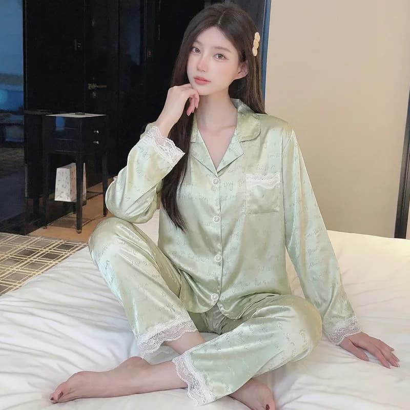 Nuovo Pigiama Estivo Sottile per Donne, Set in Seta Ghiaccio Stile Francese con Maniche Lunghe e Pantaloni Lunghi, Elegante Completo Homewear Jacquard