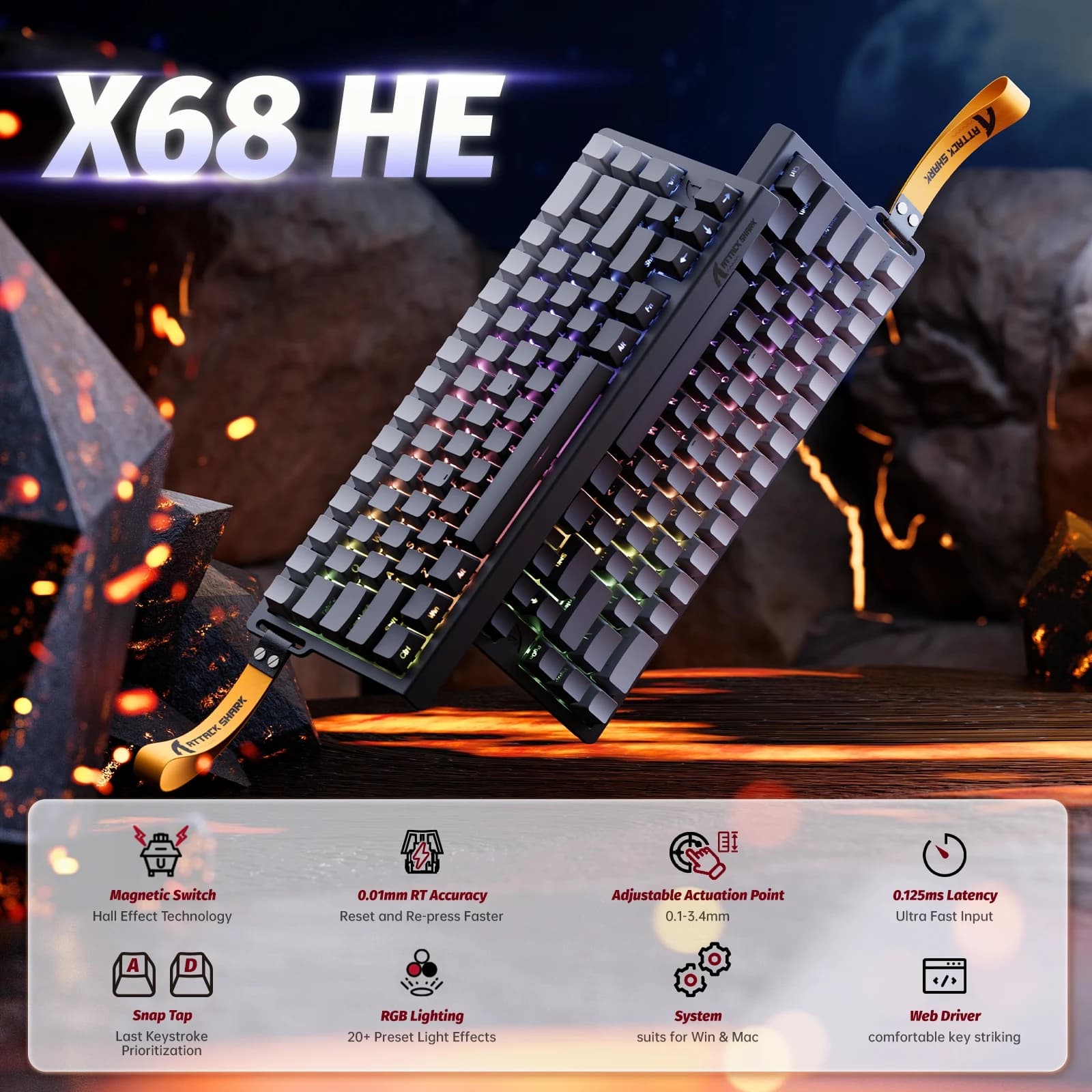 ATTACK SHARK X68 HE Tastiera Magnetica Cablata 8KHz con Precisione RT di 0,01mm, Bassa Latenza di 0,125ms, Personalizzazione RGB al 60% per Esport