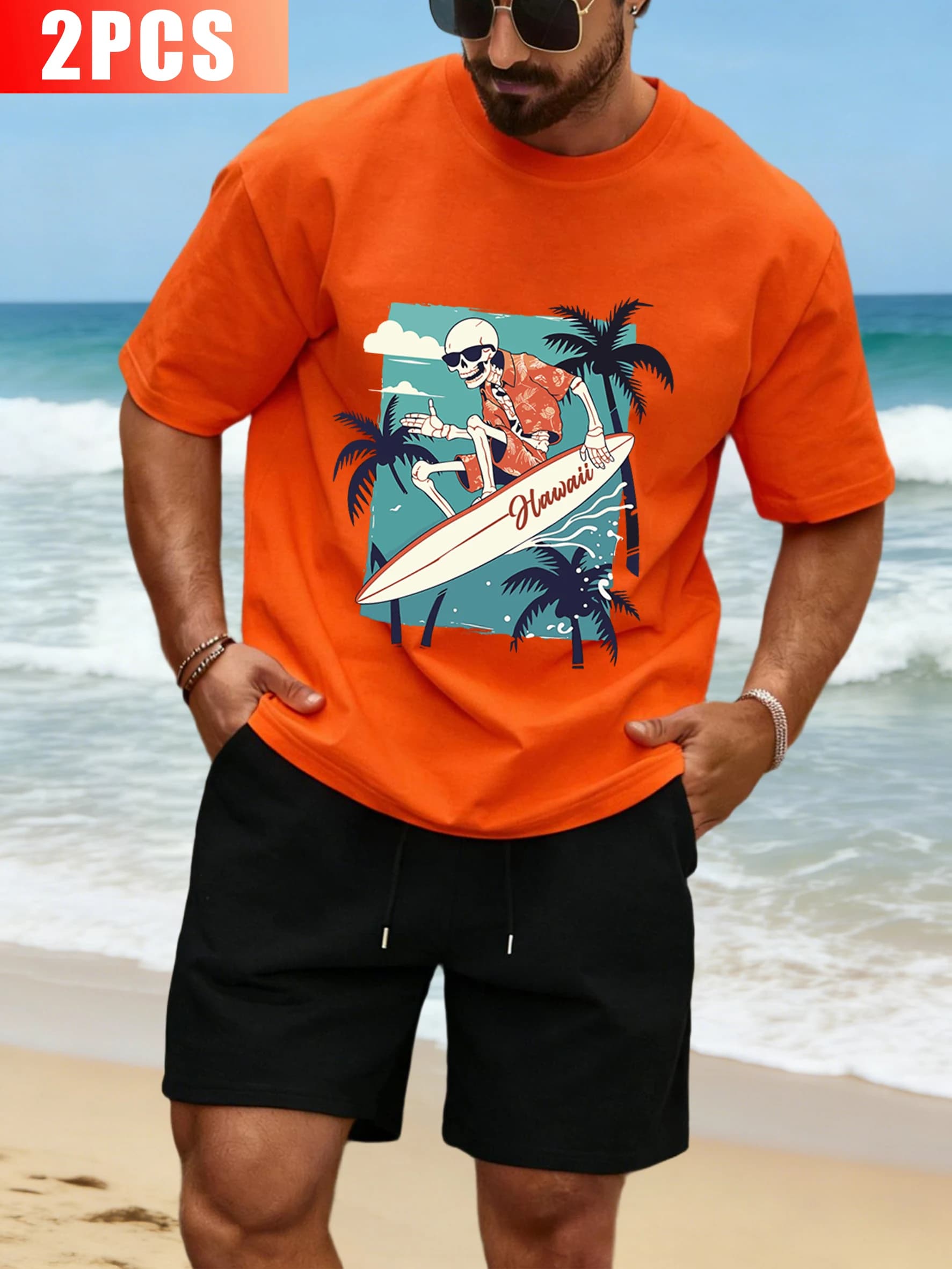 T-shirt da uomo in cotone casual con stampa scheletro in maglietta arancione, ideale per l'estate calda, set coordinato con pantaloncini, abbigliamento maschile comodo e versatile