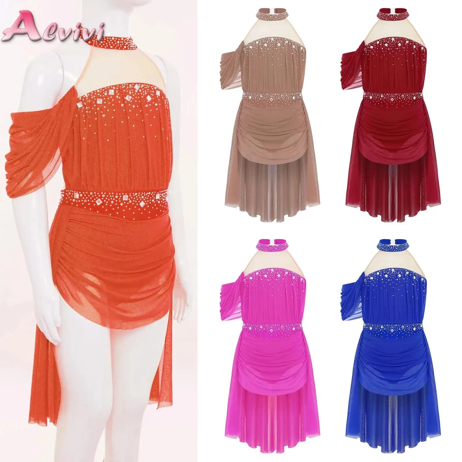 Vestito da body da balletto per bambina per costume da ballo latino jazz lirico con strass increspato in rete da ginnastica, abbigliamento da ballo