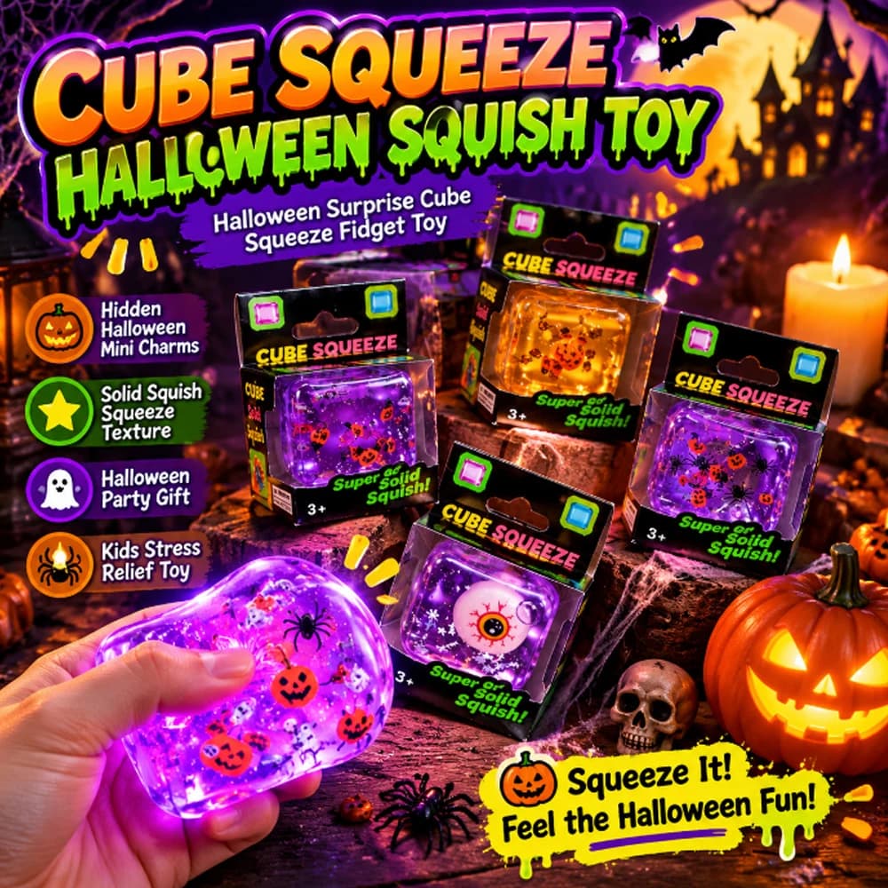 NEEDOH Halloween Cube Squeeze Fidget Squish Toy, Hidden Mini Charms Stress Relief Toy, Kids Halloween Party Gift