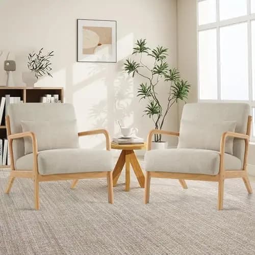 Mid Century Modern Accent Chair with Pillow, Upholstered Living Room Chairs with Solid Wood Frame & Thick Cushion