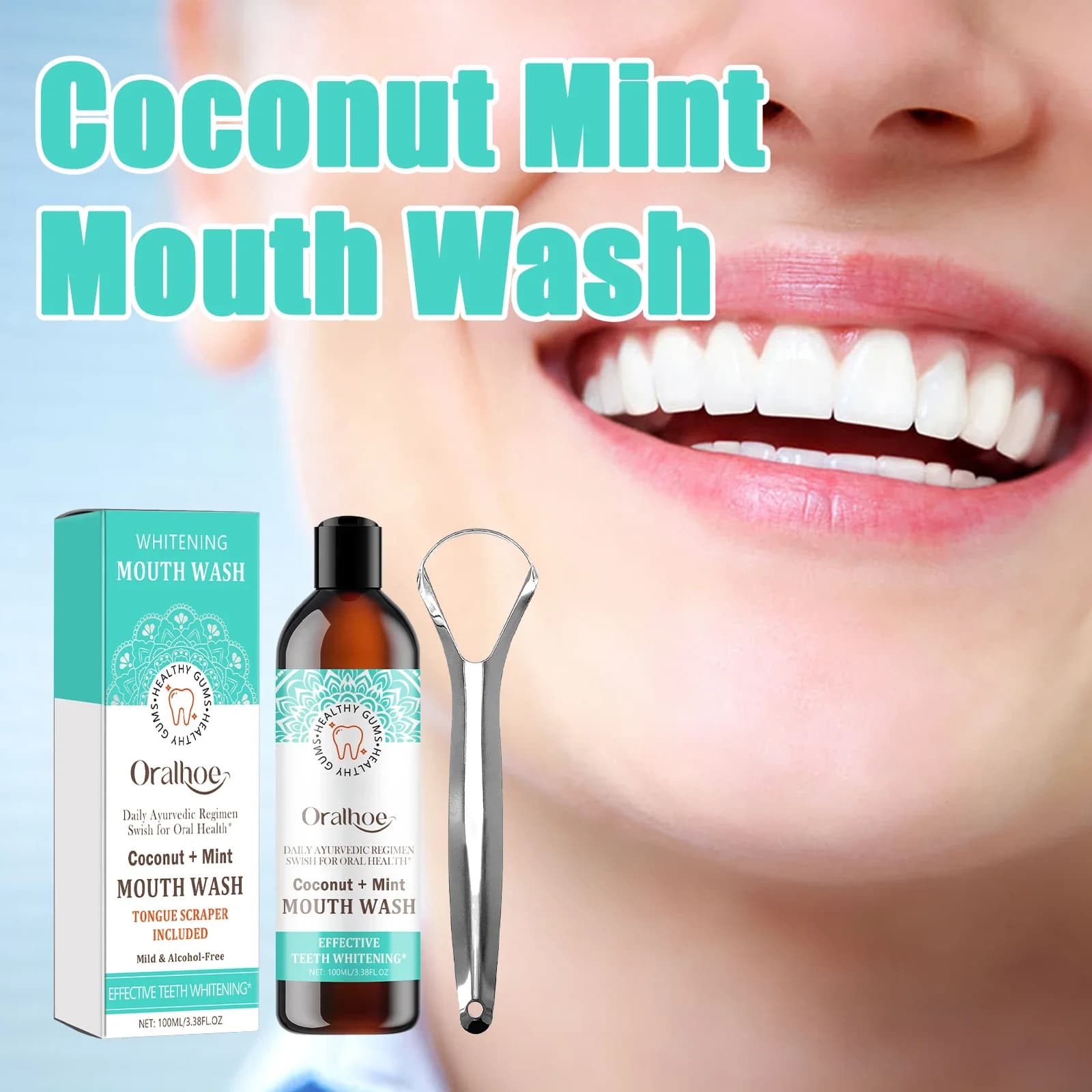 Mint neckline with tongue scraper to clean the mouth, clean the teeth, remove the dental calculation. Tools for language cleaning and oral hygiene
