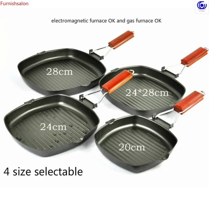 Steak frying pan Double bottom stove Universal iron Outdoor folding non-stick pan Steak striped household frying pan