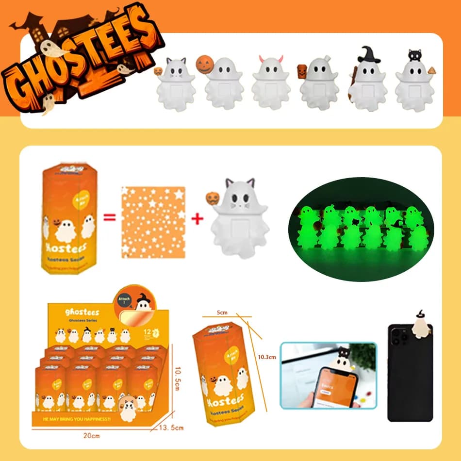 Figurina piccola fantasma di Halloween 2025 che si illumina al buio, modello smartphone staccabile e adesivo, bambola, mini amico, ornamento regalo