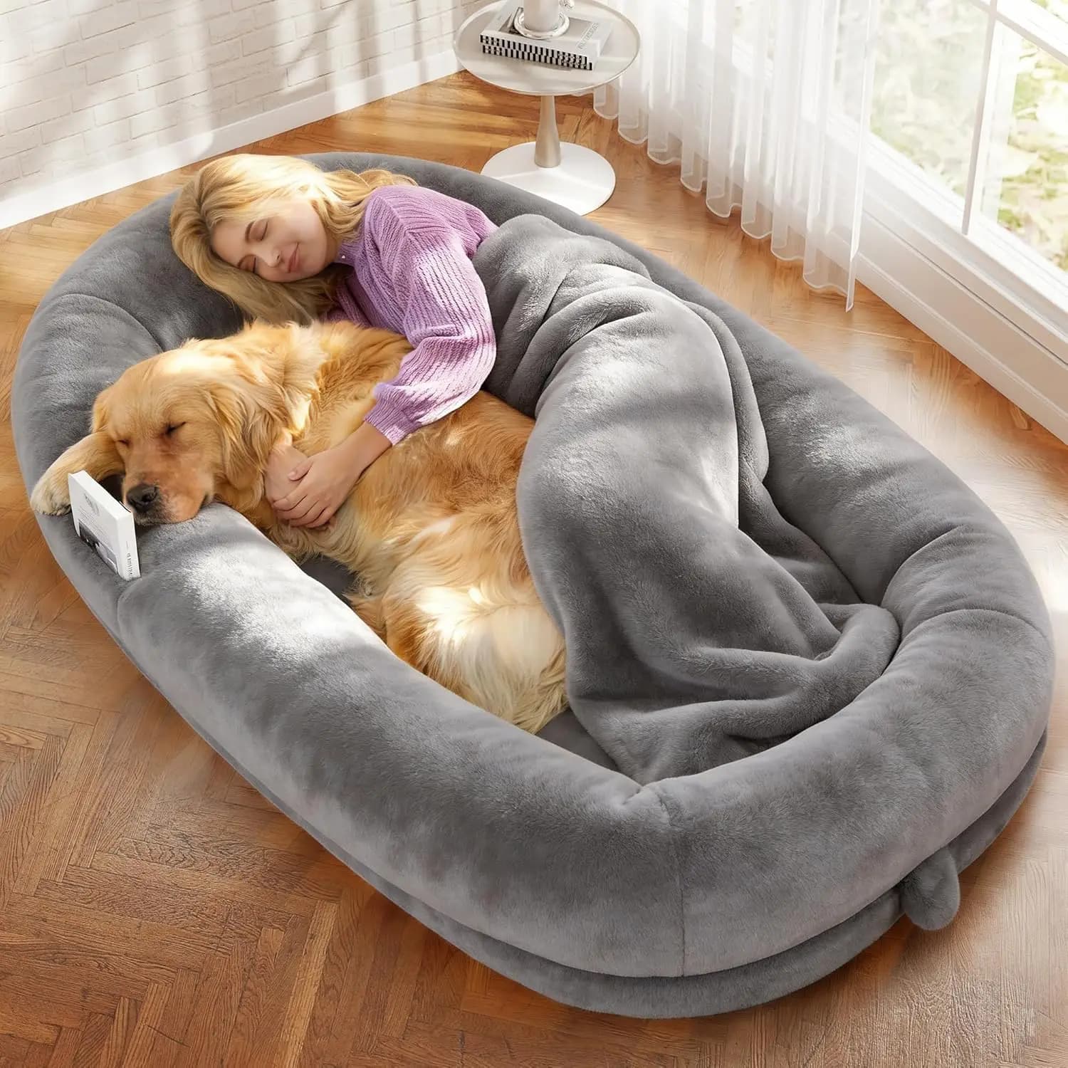 71"x43"x10" Human Size Dog Bed for Adults, Orthopedic, Waterproof, Washable Cover, Calming Lounger for People & Pets, Light Grey