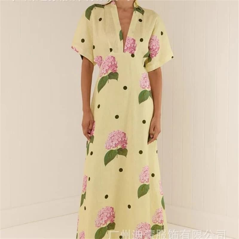 Abiti da donna casual stampati con fiori Abiti larghi con scollo a V Mezza manica in vita Abito lungo femminile Summer Lady Beach Vestidos
