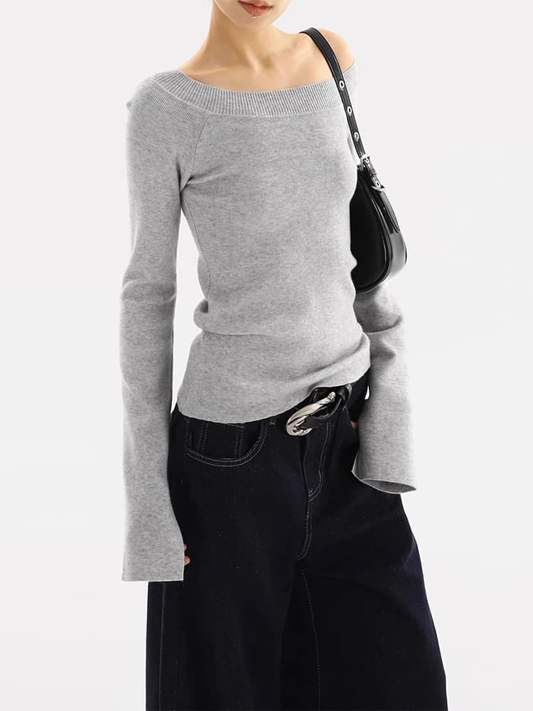 Maglione con spalle scoperte Donna Autunno Inverno Moda coreana Pullover lavorato a maglia a maniche lunghe solido Casual elegante chic Top slim fit