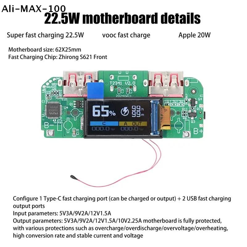 【Sv】【Ya1】1 pz Convertitore Buck per Caricabatterie Rapido Bidirezionale, Modulo di Alimentazione Mobile Fai-da-te con Display, Scheda Madre di Alimentazione USB Type-C 22.5W