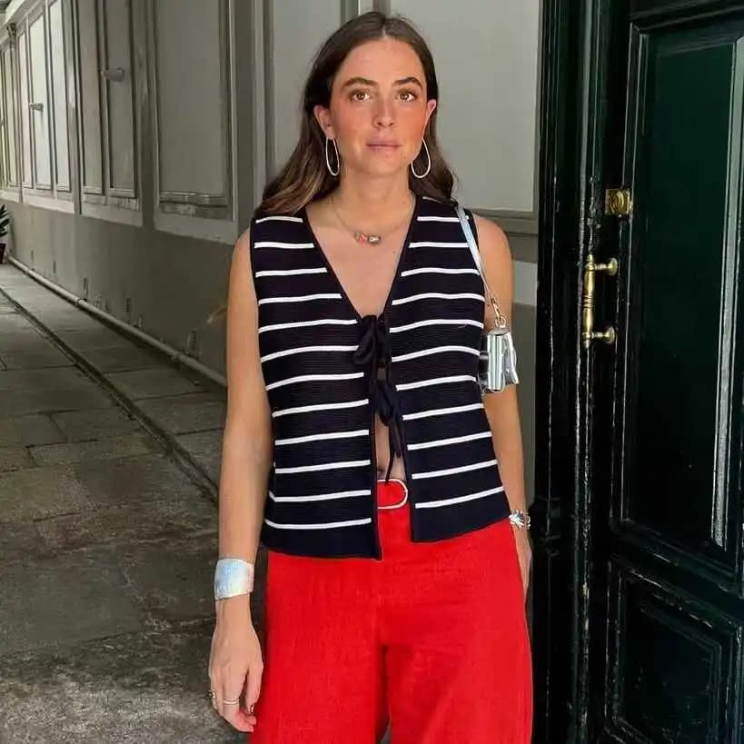 Gilet Casual Alla Moda con Lacci, Nuovo Arrivo, Abbigliamento Estivo da Donna in Maglia con Cintura, Taglio Dritto, Lunghezza Standard, Altri Materiali