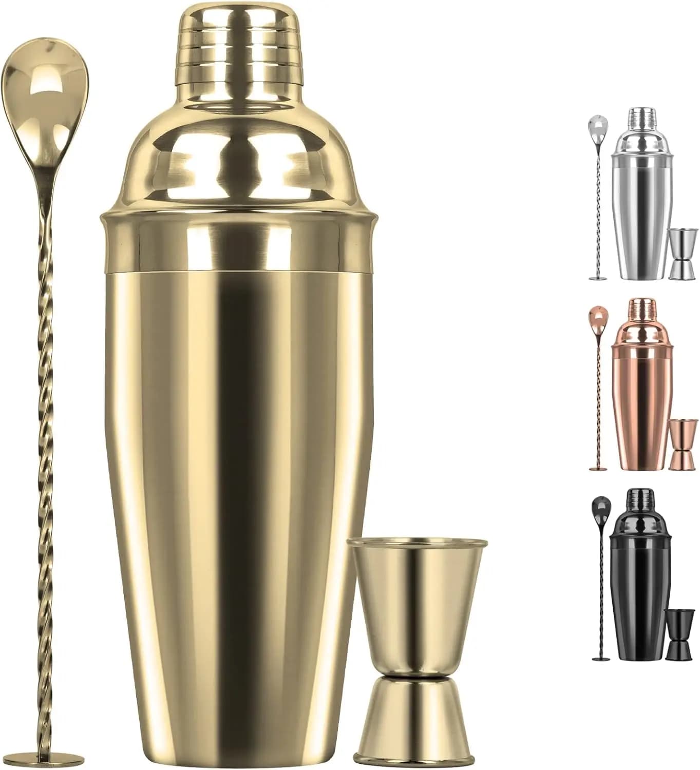Large 24oz Cocktail Shaker Set, Stainless Steel 18/8 Martini Mixer Shaker with Built-in Strainer, Measuring Jigger & Mixing Spoon, Martini Shaker Set, Perfect for Bartender and Home Use, Gold