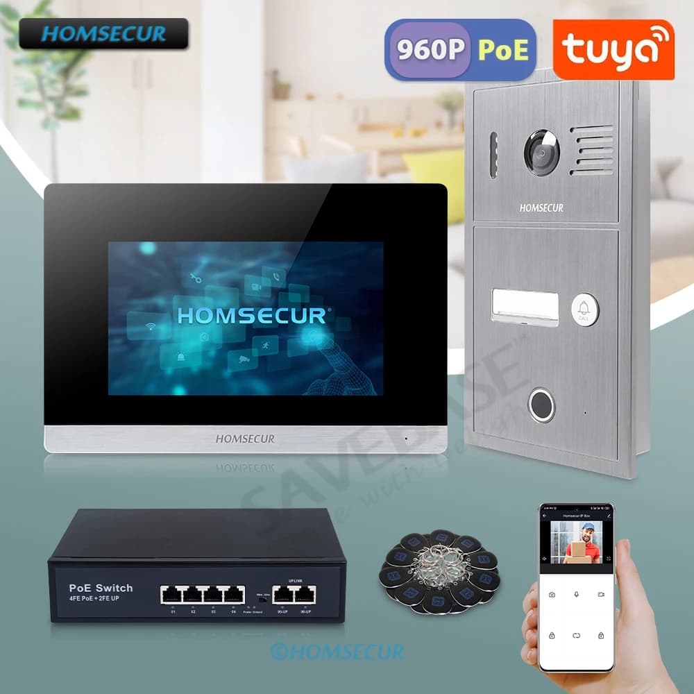 HOMSECUR PoE Alimentato RJ45 960P Tuyasmart APP Videocitofono Citofono Ingresso Impronte digitali RFID Campanello Telecamera Istantanea Registrazione