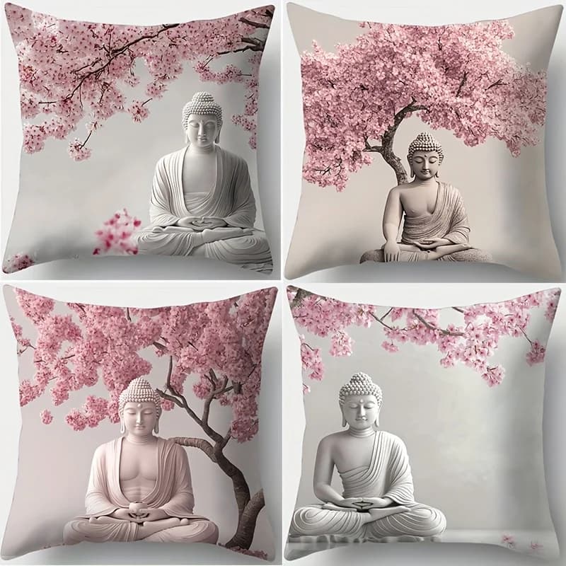 Set of 4 Buddha Meditation Cherry Blossom Pillow Covers Zen Floral Cushion Case Spiritual Throw Pillow Home Decor