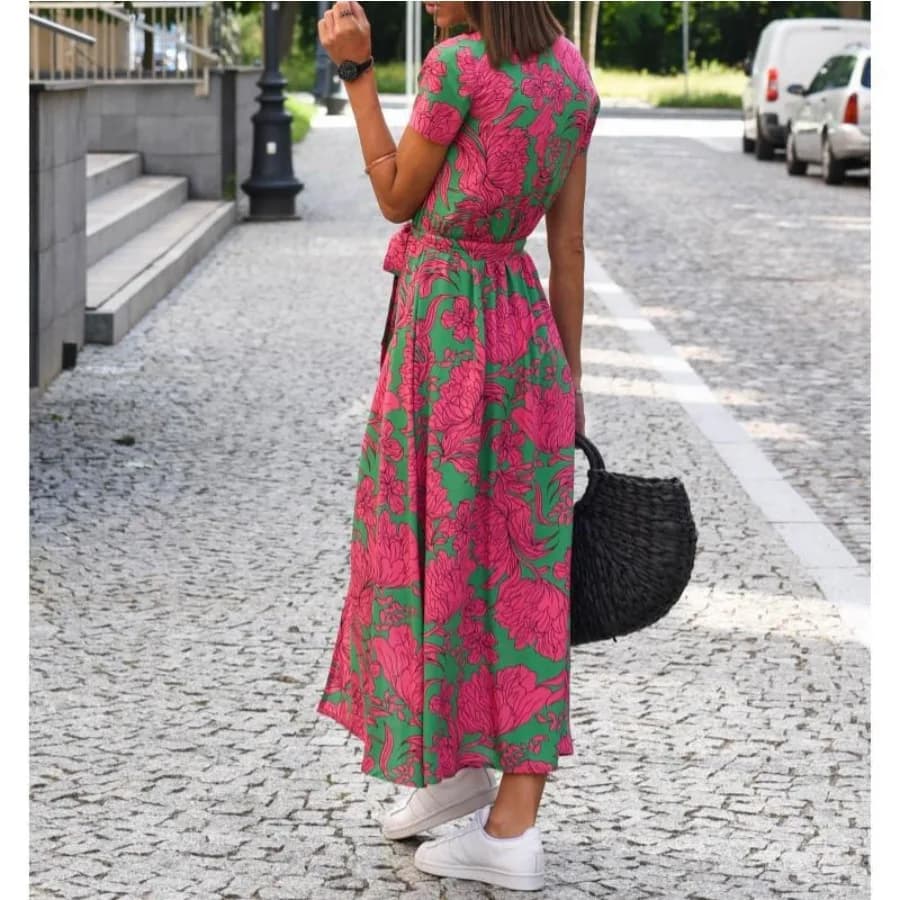 【Nuovo stile】2026 Europa e America - Nuovo abito estivo con scollo a V e pizzo stampato, disponibile in magazzino