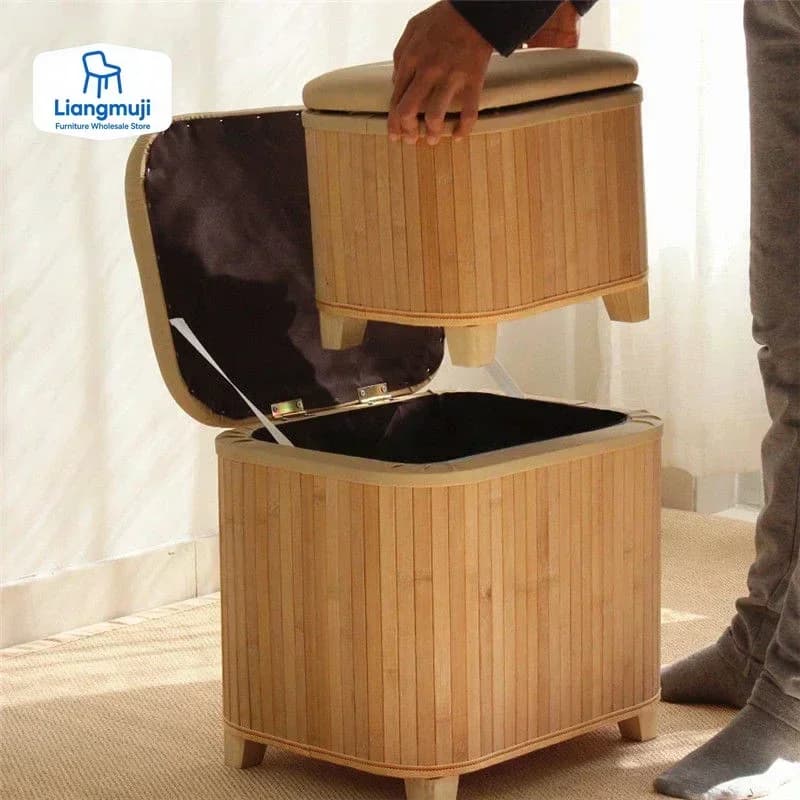 Small square stool in Japanese solid wood with storage box Items Various Toys Organizer House hallway shoes Change Ottoman footrest